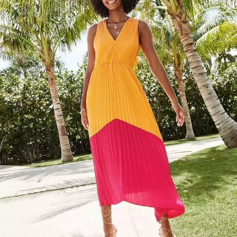 EXPRESS satin colorblock pleated Sleeveless Maxi Dress